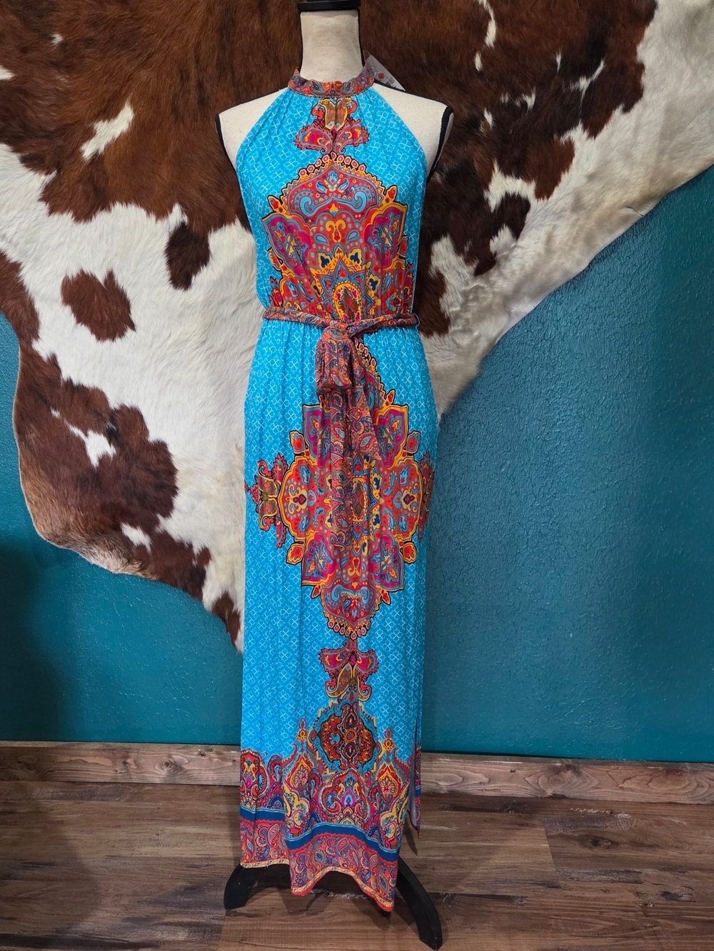 New York & Company Turquoise Halter Maxi Dress with Multicolor Paisley Medallion